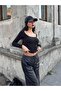 Women's Black Boat Neck Cotton Fabric Bodysuit 28338 - 3