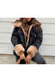 Women's Oversize Black Denim Coat with Brown Sheepskin Sleeves and Full Inside - 2