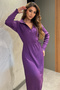 Purple Women's Polo Collar Winter Waist Tied Long Knitwear Dress - 3