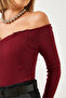 Women's Burgundy Gathered Collar Crop Knitted Blouse 60261062 - 4