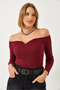 Women's Burgundy Gathered Collar Crop Knitted Blouse 60261062 - 2