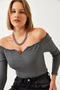 Women's Anthracite Gathered Collar Crop Knitted Blouse 60261062 - 3