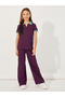 Rib Knit Polo T-Shirt with Contrast Collar & Wide Leg Joggers Set