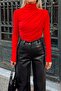 Red Half Turtleneck and Waist Draped Women's Blouse Crop - 5