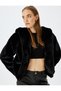 Hooded Single Button Lined Faux Fur Crop Jacket - 2