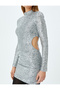 Stand Collar Long Sleeve Window Detailed Sequined Mini Evening Dress - 5