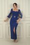 Women's Sweetheart Neckline Waist Buckle Sleeves Stone Embroidered Slit Long Crepe Dress