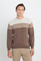 Men's Beige-Brown Warm Colorblock Patterned Knitwear Sweater Standard Fit Crew Neck - 3