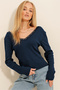 Women's Navy Blue Back Front V-Neck Lace Detailed Blouse ALC-X11246