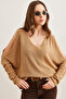 Women's Camel V-Neck Shoulder-Cut Loose Knitwear Blouseblz-19002191 - 3