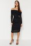 Black Tulle Ruched/Draped Detail Body-Hugging Carmen Neck Midi Knit Pencil Stretch Dress TWOAW24EL00146 - 2