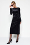Siyah Kadife Büzgülü Fitted/Vücuda Oturan Esnek Maxi Örme Elbise TWOAW24EL00617 - 2