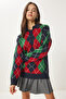 Women's Navy Blue Green Diamond Patterned Knitwear Sweater Fn03447 - 2