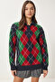 Women's Navy Blue Green Diamond Patterned Knitwear Sweater Fn03447