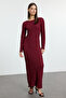 Burgundy Plain Texture Fitted/Fitted Maxi Knitted Dress Twoaw25El00097 - 2