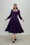 Crepe Fabric Sleeves Tulle Detailed Midi Dress - PATLICAN PURPLE - 2