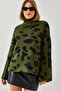 Women's Khaki Half Turtleneck Patterned Knitwear Sweater 241188 60261035 - 5