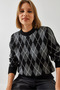 Women's Black Anthracite Crew Neck Diamond Patterned Sweater 241192 60261036 - 6