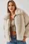 Women's Beige Zipper Leather Detailed Lined Fur Coat 5204 60261050 - 4
