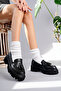Class Model Black Leather Tasseled Women's Loafer Shoes - 3