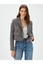 Crop Tweed Blazer Jacket with Pockets and Button Chain Detail - 2