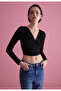 Women's V-Neck Black Long Sleeve Blouse - 2