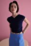 Women's Navy Blue Zero Sleeve Blouse with Tie Detail - 2
