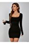 Black Square Neck Long Sleeve Lycra Mini Dress (Seasonal and Winter) - 3