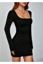 Black Square Neck Long Sleeve Lycra Mini Dress (Seasonal and Winter) - 5