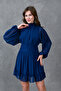 Women's Navy Blue Lined Chiffon Fabric Backless Long Sleeve Mini Dress 066