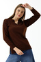 Women's Polo Neck Long Sleeve Knitwear Blouse Brown - 2