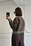 Women's Khaki Brown Crew Neck Gold Button Detail Patterned Knit Cardigan - 4