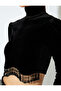 Long Sleeve Stand Collar Dangle Stone Detailed Crop Velvet Blouse - 5