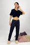 Women's Elastic Waist 100% Cotton Ribbon Patterned Pajama Bottoms New Navy Blue - 2