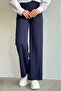 Wide Leg Elastic Waist Trousers - Navy Blue - 2