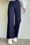 Wide Leg Elastic Waist Trousers - Navy Blue - 3
