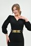 Women's Design Belted Crepe Fabric Slit Short Sleeve Midi Length Double Breasted Black Evening Dress 074