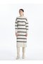 Beige Mock Neck Striped Women's Knitwear Dress
