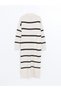 Beige Mock Neck Striped Women's Knitwear Dress - 6