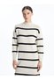 Beige Mock Neck Striped Women's Knitwear Dress - 2