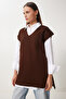 V-Neck Belted Long Knit Sweater Brown Lus0042 - 3