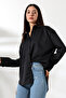 Oversize Micro Satin Draped Black Women's Shirt - 4