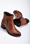 Genuine Leather Women's Heeled Boots Tan Laceless Round Toe