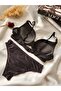 Basic Corded Patterned Supported Black Bra Set - 3