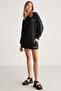 Carrol Women's Embroidered Elastic Waist 3 Thread Organic Cotton Relaxed Black Shorts - 3