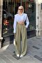 Khaki Double Button Pleated Women's Palazzo Linen Trousers - 3