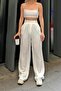 White Double Buttoned Pleated Women's Palazzo Linen Trousers - 4