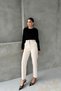 Beige Waist Pearl Detail Black Stripe Tweed Trousers