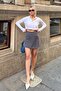 Gray Double Breasted High Waist Women's Shorts Mini Skirt - 3