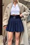Navy Blue Full Pleated Belted Lined Shorts Women's Mini Skirt - 4